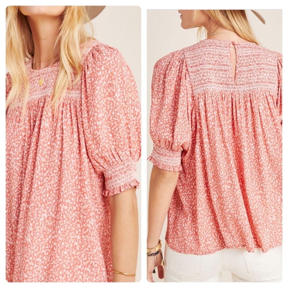 Anthropologie DOLAN Collection Rebecca Smocked Blouse Orange Motif
